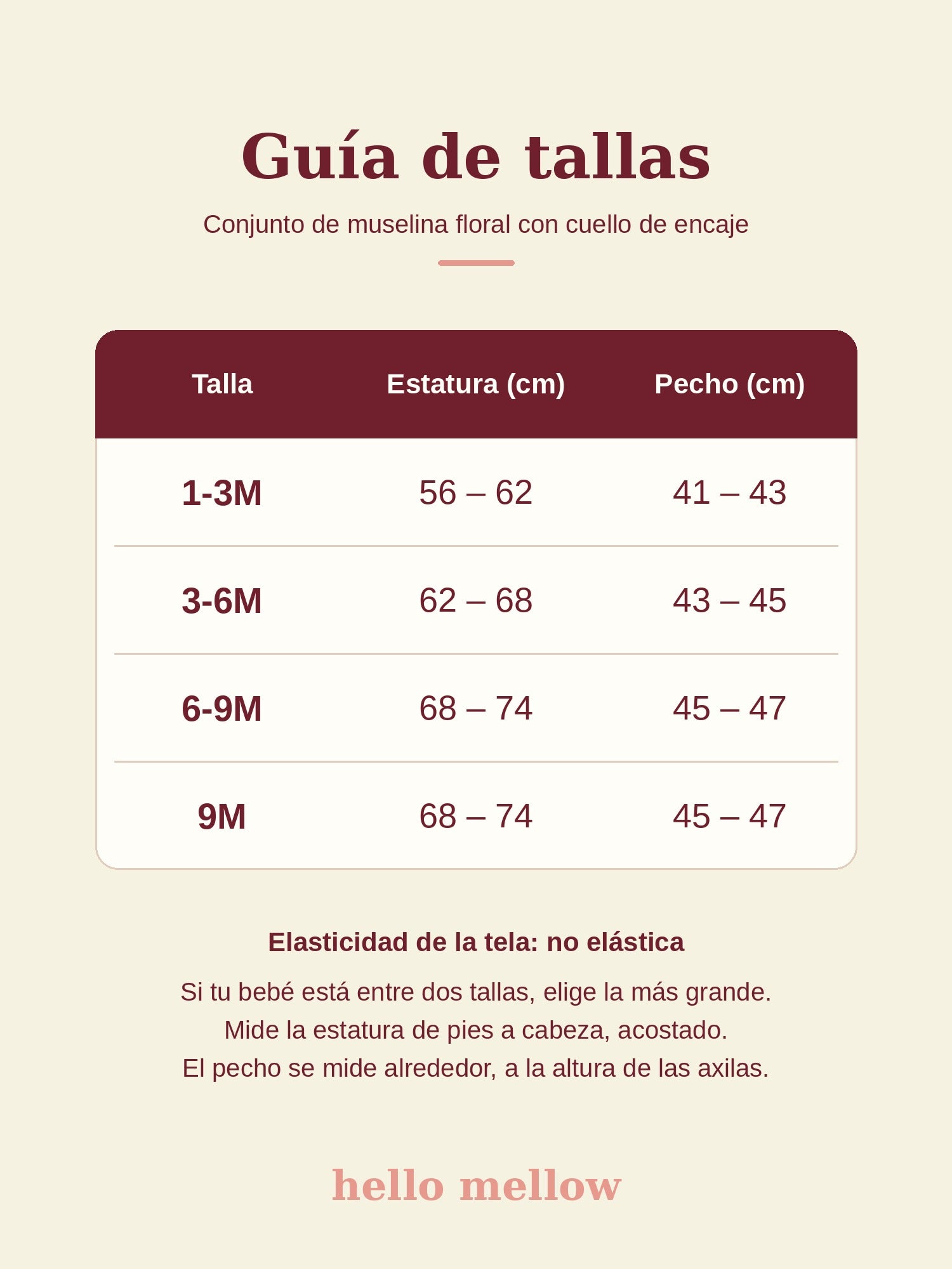 Guía de tallas del conjunto de muselina floral con cuello de encaje