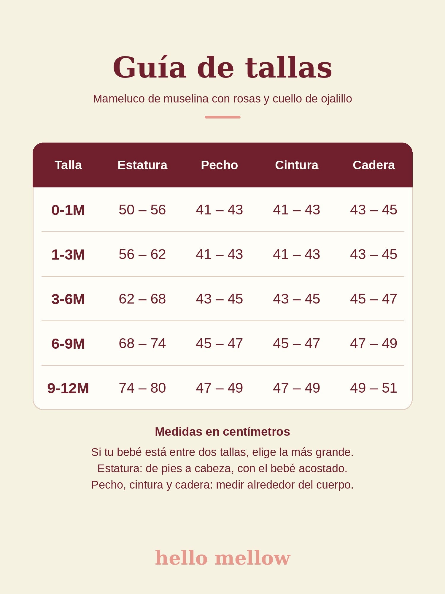 Guía de tallas del mameluco de muselina con rosas y cuello de ojalillo